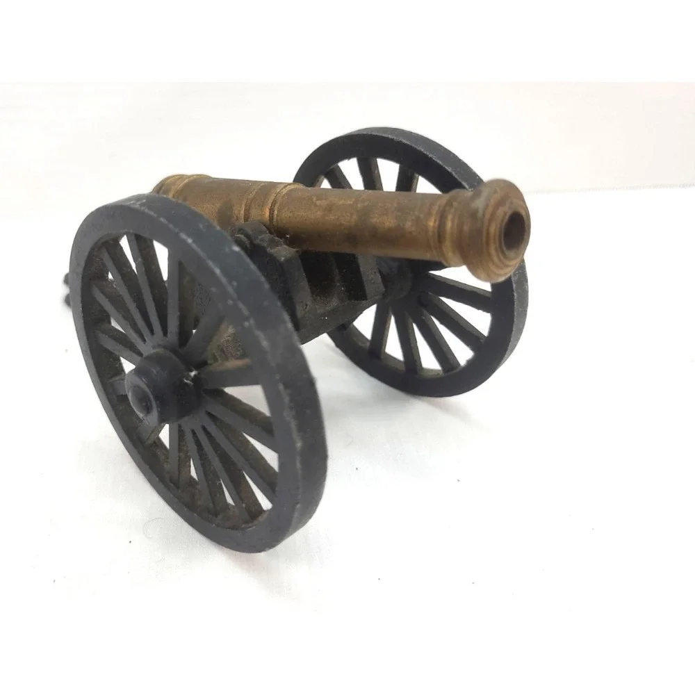 Vtg Brass and Cast Iron Miniature Civil War Cannon Barrel & Wheels Move